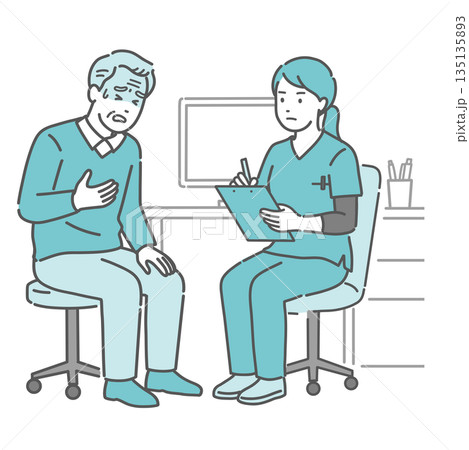 体調不良を訴える高齢男性と女性医師・看護師（スクラブ・救急） 135135893