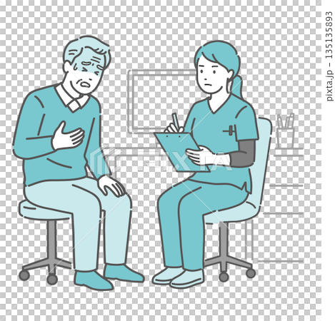体調不良を訴える高齢男性と女性医師・看護師（スクラブ・救急） 135135893