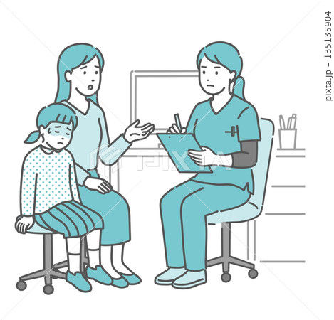 体調不良を訴える女の子と母親と女性医師・看護師（スクラブ・救急） 135135904