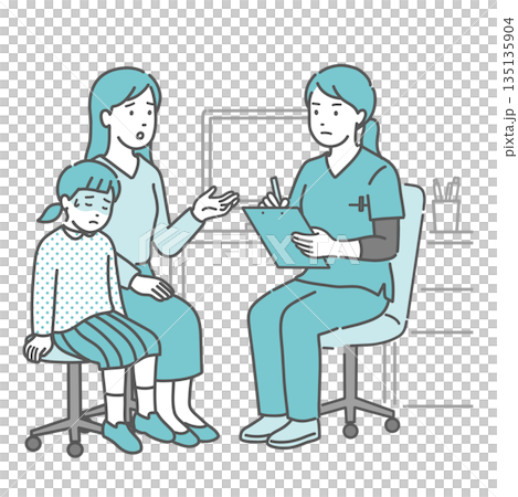 体調不良を訴える女の子と母親と女性医師・看護師（スクラブ・救急） 135135904