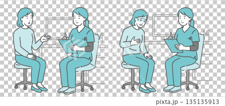 Medical interview and unwell female patient set (female doctor, scrubs) 135135913