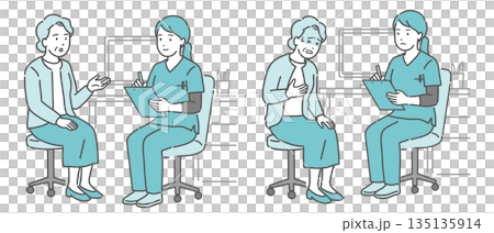 Medical interview and unwell elderly woman set (female doctor, scrubs) 135135914
