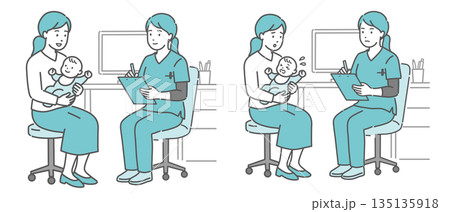 問診と体調不良の親子セット（赤ちゃん・女性医師・スクラブ） 135135918