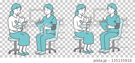 問診と体調不良の親子セット（赤ちゃん・女性医師・スクラブ） 135135918