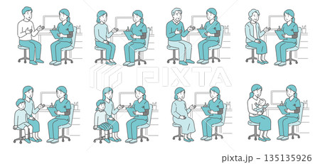 問診をする女性医師と様々な患者のセット（スクラブ・全世代） 135135926