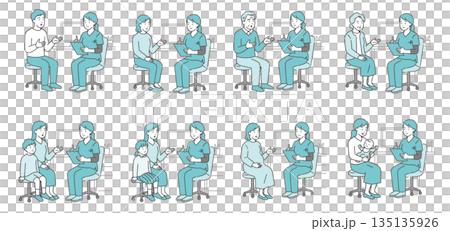 問診をする女性医師と様々な患者のセット（スクラブ・全世代） 135135926