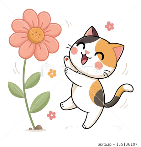 Cute kawaii calico cat jumping happily beside a large orange flower white background Cute kawaii calico cat jumping happily beside a large orange flower white background 135136107