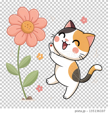 Cute kawaii calico cat jumping happily beside a large orange flower white background Cute kawaii calico cat jumping happily beside a large orange flower white background 135136107