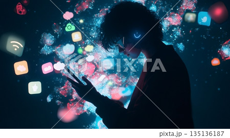 Silhouette of a person immersed in digital chaos, surrounded by floating app icons. The image captures the essence of multitasking and time management in a tech driven world 135136187