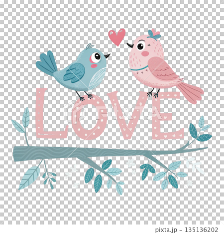 Cute lovebirds couple sitting on top of the word LOVE white background  135136202