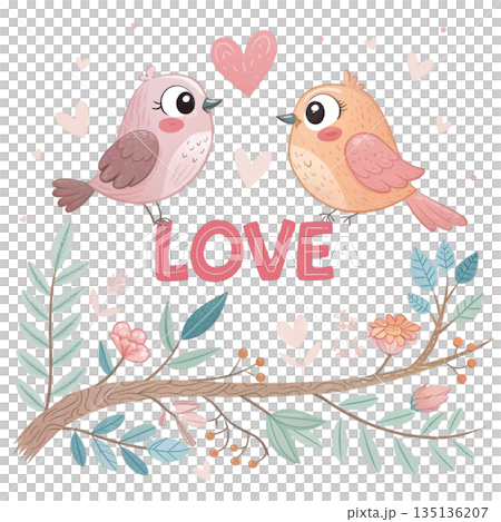 Cute lovebirds couple sitting on top of the word LOVE white background  135136207