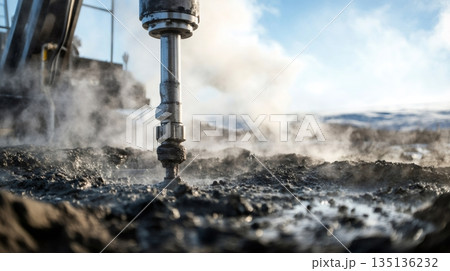 Close up of an oil drill extracting crude oil, producing smoke and steam against a blurred winter landscape, emphasizing the environmental impact of fossil fuel extraction 135136232