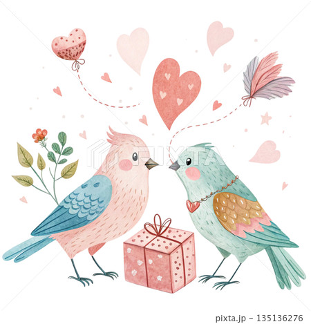 Cute romantic birds illustration two adorable birds facing each other holding a gift box with red ribbon white background  135136276