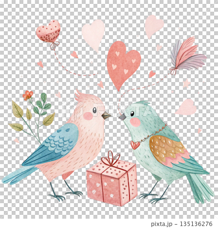 Cute romantic birds illustration two adorable birds facing each other holding a gift box with red ribbon white background  135136276