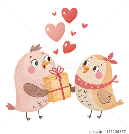Cute romantic birds illustration two adorable birds facing each other holding a gift box with red ribbon white background  135136277