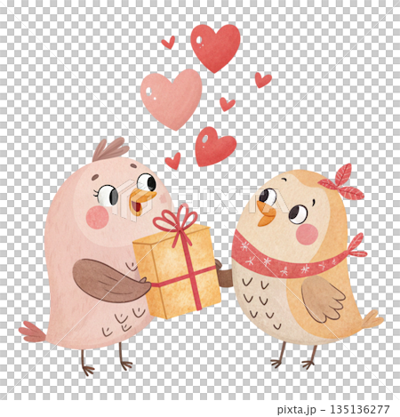 Cute romantic birds illustration two adorable birds facing each other holding a gift box with red ribbon white background  135136277