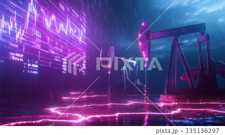 Oil pumps extracting petroleum under heavy rain at night, with holographic stock market graph data showing increasing oil price in the background 135136297