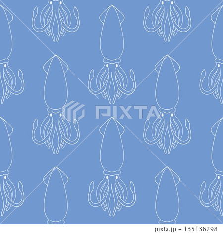 Squid seamless pattern in line art style. Undersea animal silhouette for summer theme design on blue background. Squid seamless pattern in line art style. Undersea animal silhouette for summer theme design on blue background. 135136298