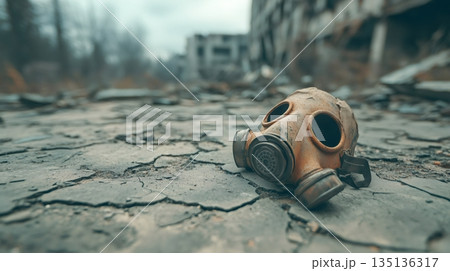 Rusty gas mask is lying on cracked and dry ground in a destroyed post apocalyptic city, suggesting themes of pollution, war, environmental disaster, or chemical warfare Rusty gas mask is lying on cracked and dry ground in a destroyed post apocalyptic city, suggesting themes of pollution, war, environmental disaster, or chemical warfare 135136317