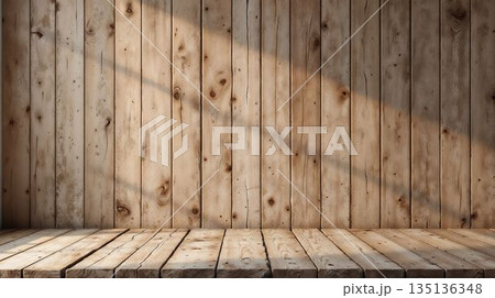 Sunlit wooden plank wall and table for product presentation 135136348