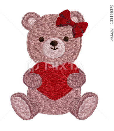 【ハートを持ったテディベア】手刺繍イラスト素材 【ハートを持ったテディベア】手刺繍イラスト素材 135136370