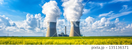 Two nuclear power plant cooling towers emitting steam under a blue sky with fluffy white clouds, in front of a field of yellow flowers, represent energy production and its environmental impact 135136371