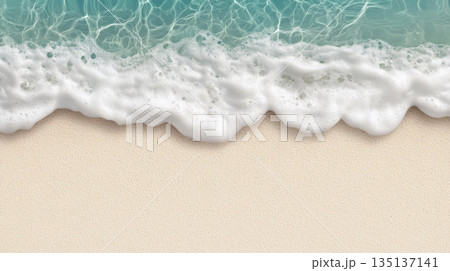 Soft white sea foam gently laps the shore of a pristine sandy beach, creating a tranquil and inviting coastal scene with crystal clear turquoise water 135137141