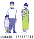 赤ちゃんを抱いたお母さんとお父さん、子どものイラスト素材 135137211