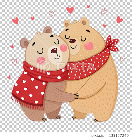 Lovely cartoon bears in love bear couple sitting together white background  135137249