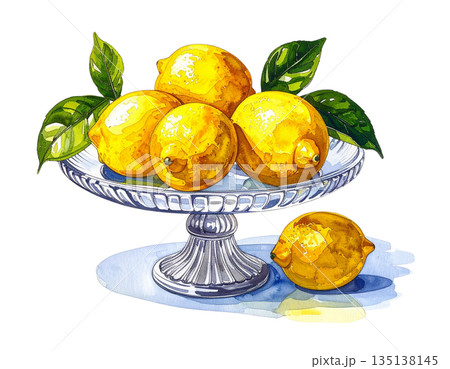 ガラスケーキスタンドとレモンの水彩イラスト ガラスケーキスタンドとレモンの水彩イラスト 135138145