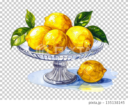 ガラスケーキスタンドとレモンの水彩イラスト ガラスケーキスタンドとレモンの水彩イラスト 135138145