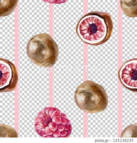 Chocolate-covered raspberries seamless pattern. Whole candies, pieces and berries on a pink striped background. Hand drawn watercolor illustration, isolated. Candy labels, wrapping paper and textiles. 135138235