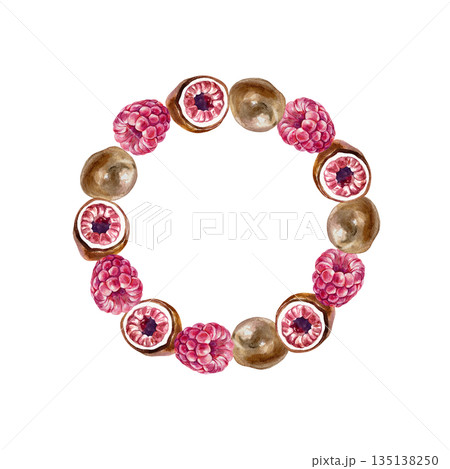 Chocolate-covered raspberry wreath. Round frame of candies and berries. Hand drawn watercolor illustration of a sweet dessert, isolated. For candy labels, packaging, birthday and Valentines Day cards. 135138250