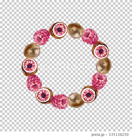 Chocolate-covered raspberry wreath. Round frame of candies and berries. Hand drawn watercolor illustration of a sweet dessert, isolated. For candy labels, packaging, birthday and Valentines Day cards. 135138250
