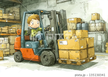 倉庫内でフォークリフトを操作する作業員｜物流・運搬作業のイメージ 135138341