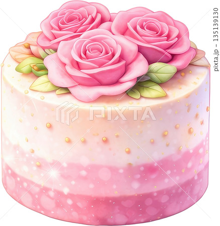 Elegant pink cake topped with blooming roses and shimmering golden decorations 135139130
