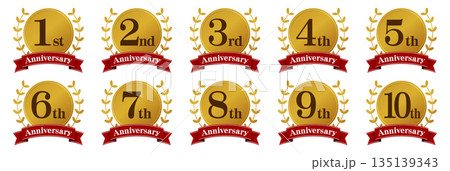アニバーサリーのロゴ「1周年、2周年、3周年、4周年、5周年、6周年、7周年、8周年、9周年、10周 135139343