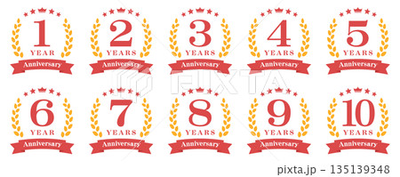 アニバーサリーのロゴ「1周年、2周年、3周年、4周年、5周年、6周年、7周年、8周年、9周年、10周 135139348