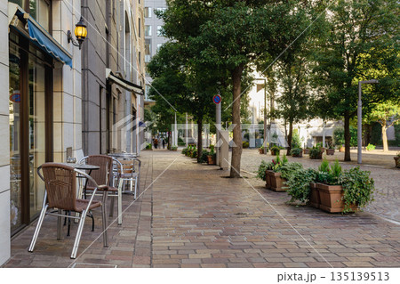 東京・汐留イタリア街の石畳とカフェテラスが並ぶ欧風の街並み風景 135139513