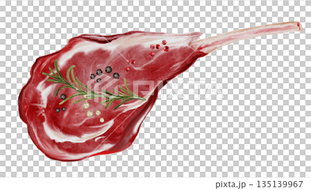 Fresh raw beef steak with spices and rosemary watercolor illustration. Food clip art. Hand-drawn organic cow meat on a white background. Perfect for cookbook design, restaurant menus, and butcher shop Fresh raw beef steak with spices and rosemary watercolor illustration. Food clip art. Hand-drawn organic cow meat on a white background. Perfect for cookbook design, restaurant menus, and butcher shop 135139967