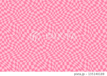 Cute pink warped, distorted check seamless vector pattern, groovy checkered background, optical illusion effect 135140189