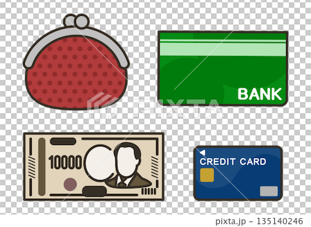 Wallet, bankbook, 10,000 yen bills, and credit cards. Bank. Savings. Household finances. 135140246
