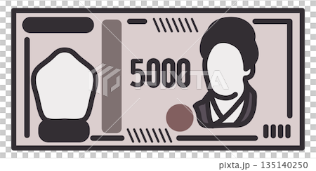 5000日圓紙幣示意圖。新版5000日元紙幣。紙幣。 5000日圓紙幣示意圖。新版5000日元紙幣。紙幣。 135140250