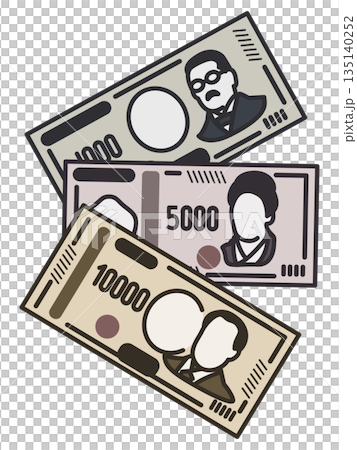 千円札と五千円札と一万円札のイラスト。新紙幣。 135140252