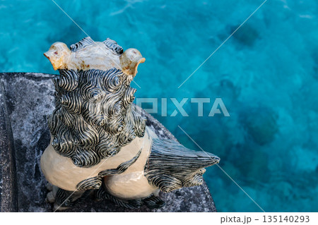 沖縄のシーサーとエメラルドブルーの海 135140293