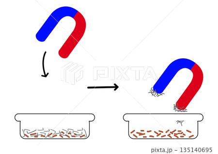 Magnetic separation illustration, Using a horseshoe magnet to separate magnetic materials from a mixture Magnetic separation illustration, Using a horseshoe magnet to separate magnetic materials from a mixture 135140695