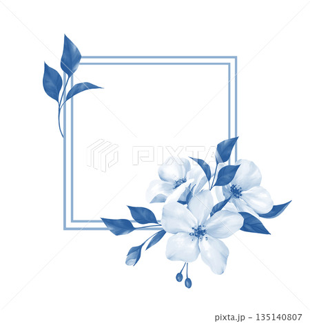 Isolated illustration of a hand-drawn Square frame decorated with elegant blue leaves and delicate white flowers. Minimalist botanical border design for wedding invitations or spring stationery, Isolated illustration of a hand-drawn Square frame decorated with elegant blue leaves and delicate white flowers. Minimalist botanical border design for wedding invitations or spring stationery, 135140807