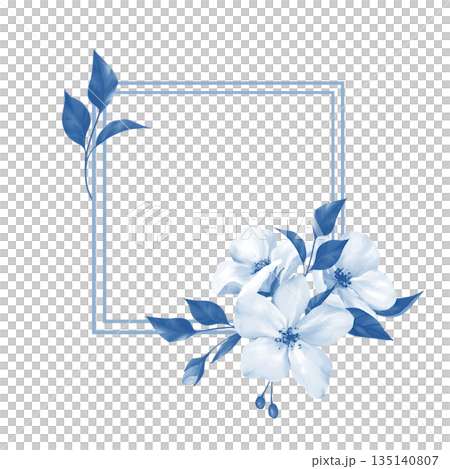 Isolated illustration of a hand-drawn Square frame decorated with elegant blue leaves and delicate white flowers. Minimalist botanical border design for wedding invitations or spring stationery, Isolated illustration of a hand-drawn Square frame decorated with elegant blue leaves and delicate white flowers. Minimalist botanical border design for wedding invitations or spring stationery, 135140807