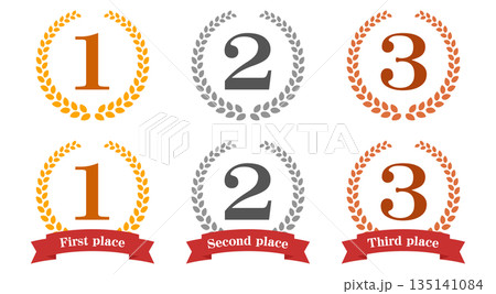 ランキングの月桂樹の装飾のフレームのセット。金、銀、銅。 135141084