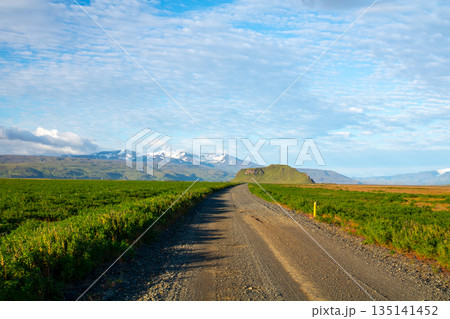 北欧の島国アイスランド　地平線に続くまっすぐな一本道 135141452